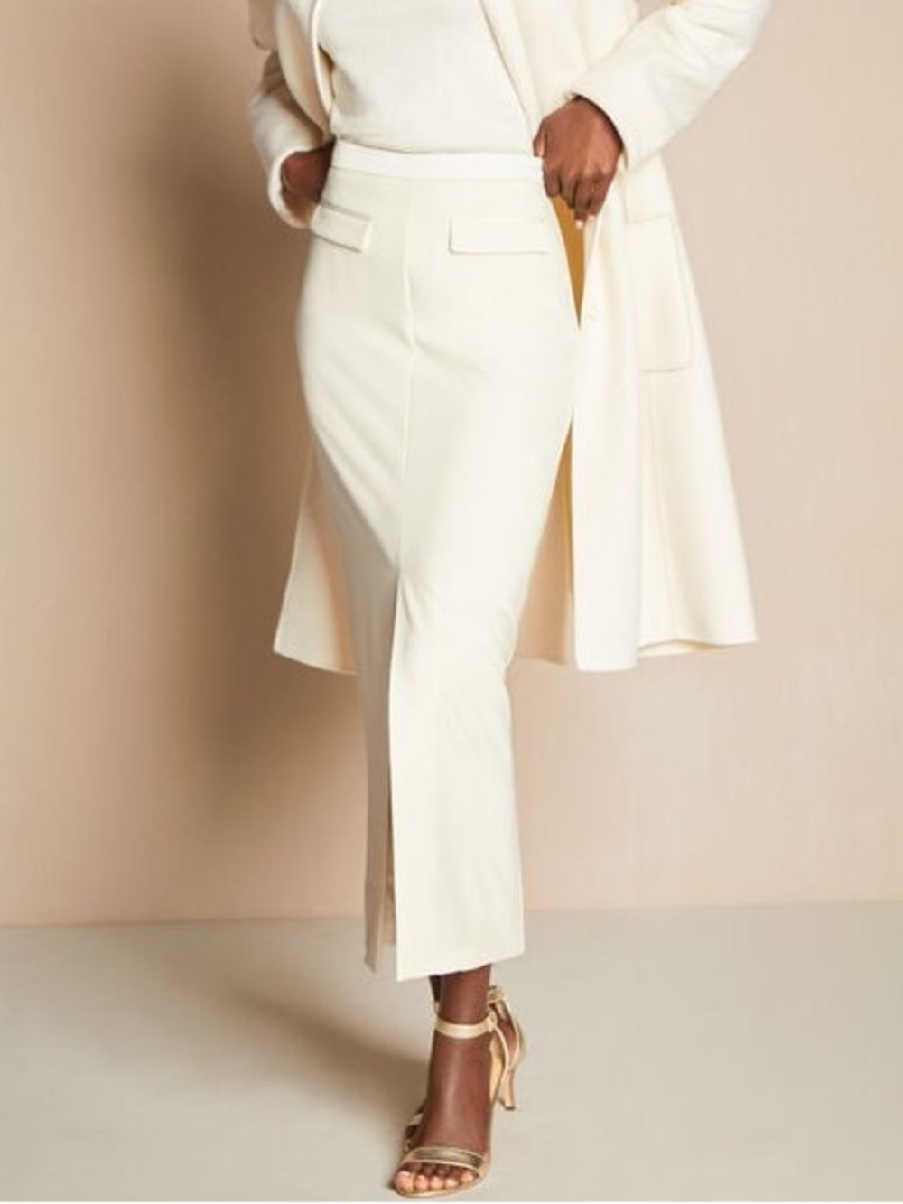 Talbots Ivory Crepe Tuxedo Maxi Skirt Front Slit Column Pencil Size 12